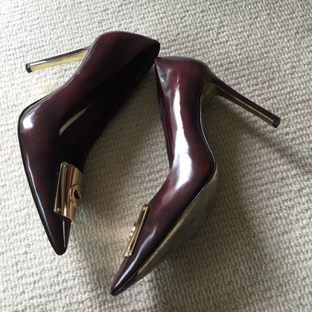 Coach Burgundy Patent Pointed-Toe Pumps with Gold Toe Plate - Picture 7 of 13